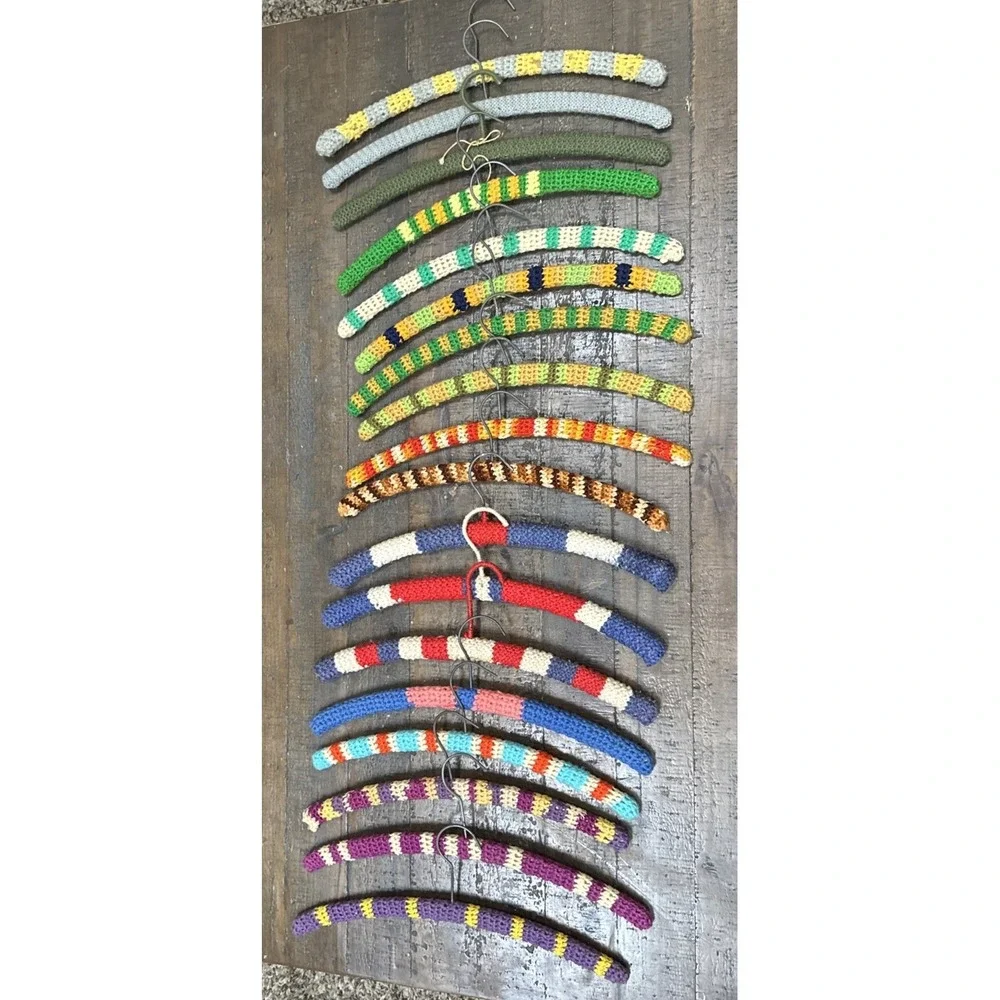 Lot 18 Vintage Crochet Covered Wooden Clothes Hangers Colorful Grannycore
